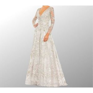 MAC DUGGAL EMBELLISHED WRAP OVER ILLUSION LONG SLEEVE A LINE IN PATEL MULTI 2040